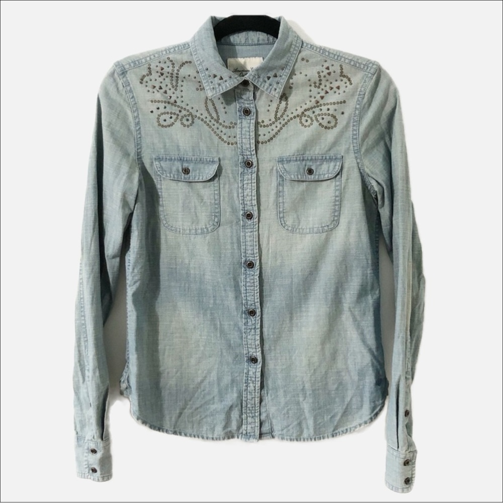 American Eagle Outfitters Distress Denim Western Shirt Brad Bead Stud Embellish